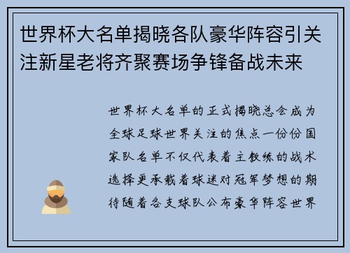 世界杯大名单揭晓各队豪华阵容引关注新星老将齐聚赛场争锋备战未来